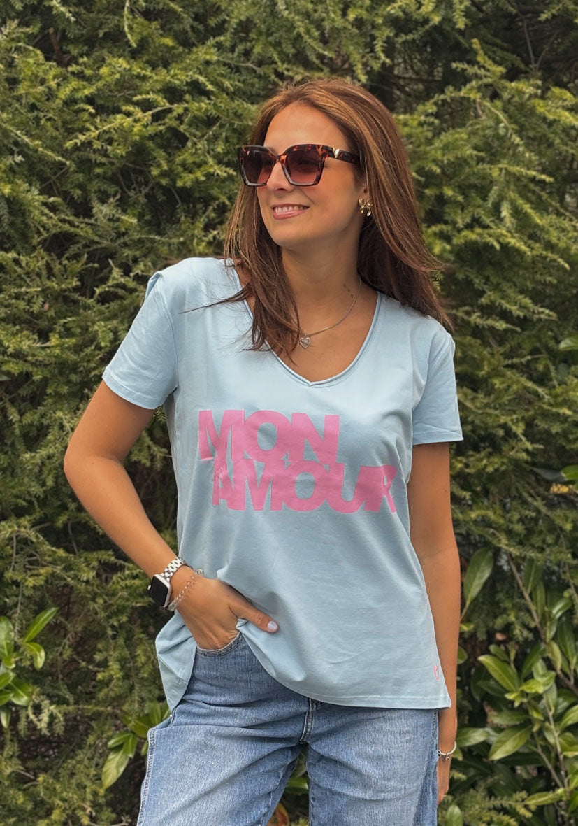 T-Shirt V-Neck Mon Amour - hellblau