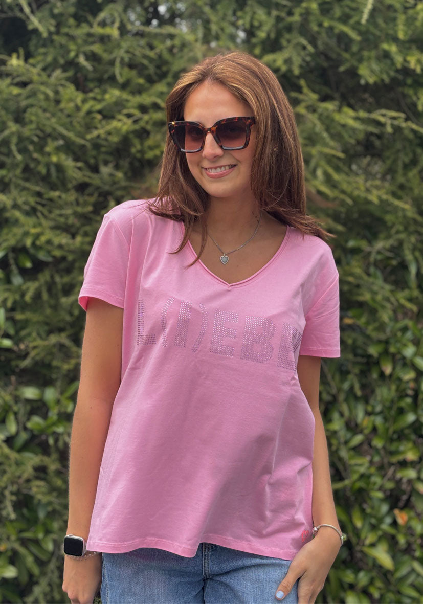 V-Neck T-Shirt L(i)ebe Strass - rosa