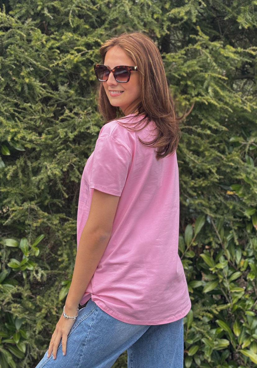 V-Neck T-Shirt L(i)ebe Strass - rosa