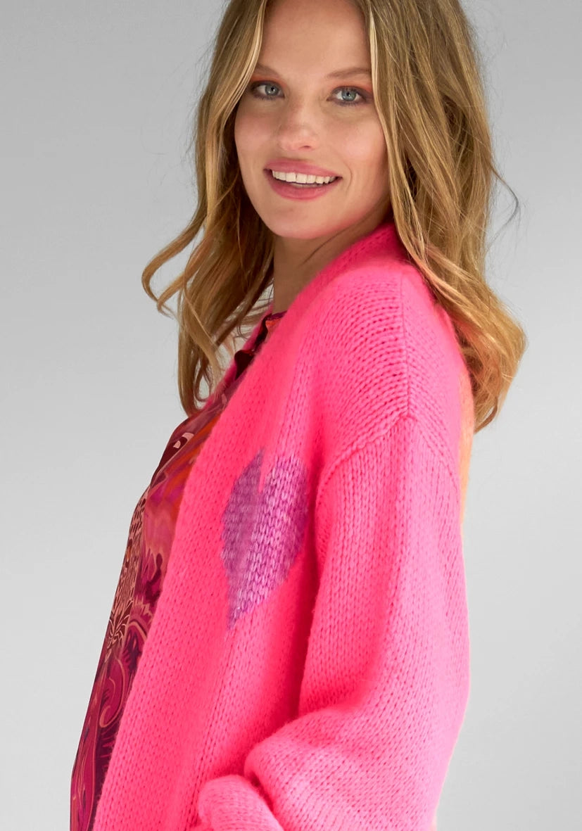 Long Cardigan Multicolor Heart - neonpink