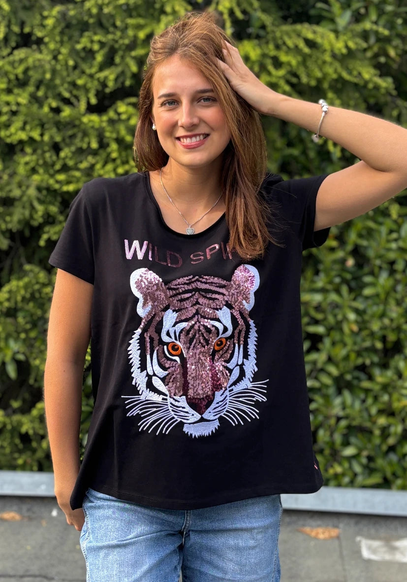 T-Shirt Roundneck Wild Spirit Paillette - schwarz