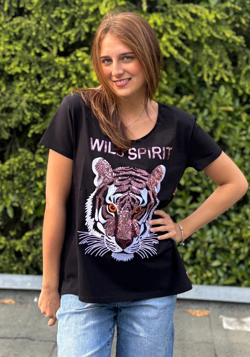 T-Shirt Roundneck Wild Spirit Paillette - schwarz