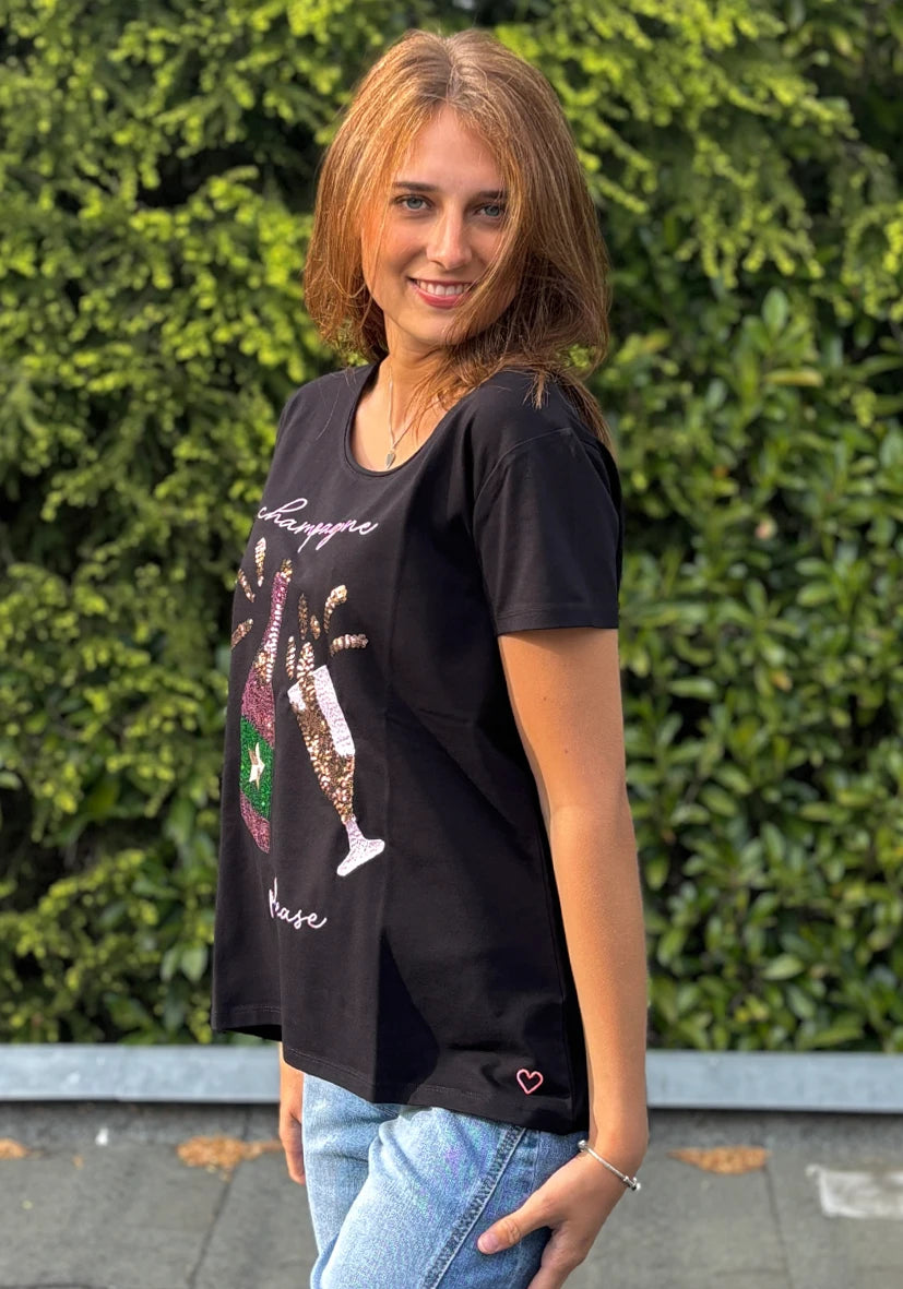 T-Shirt Roundneck Champagne Please - schwarz