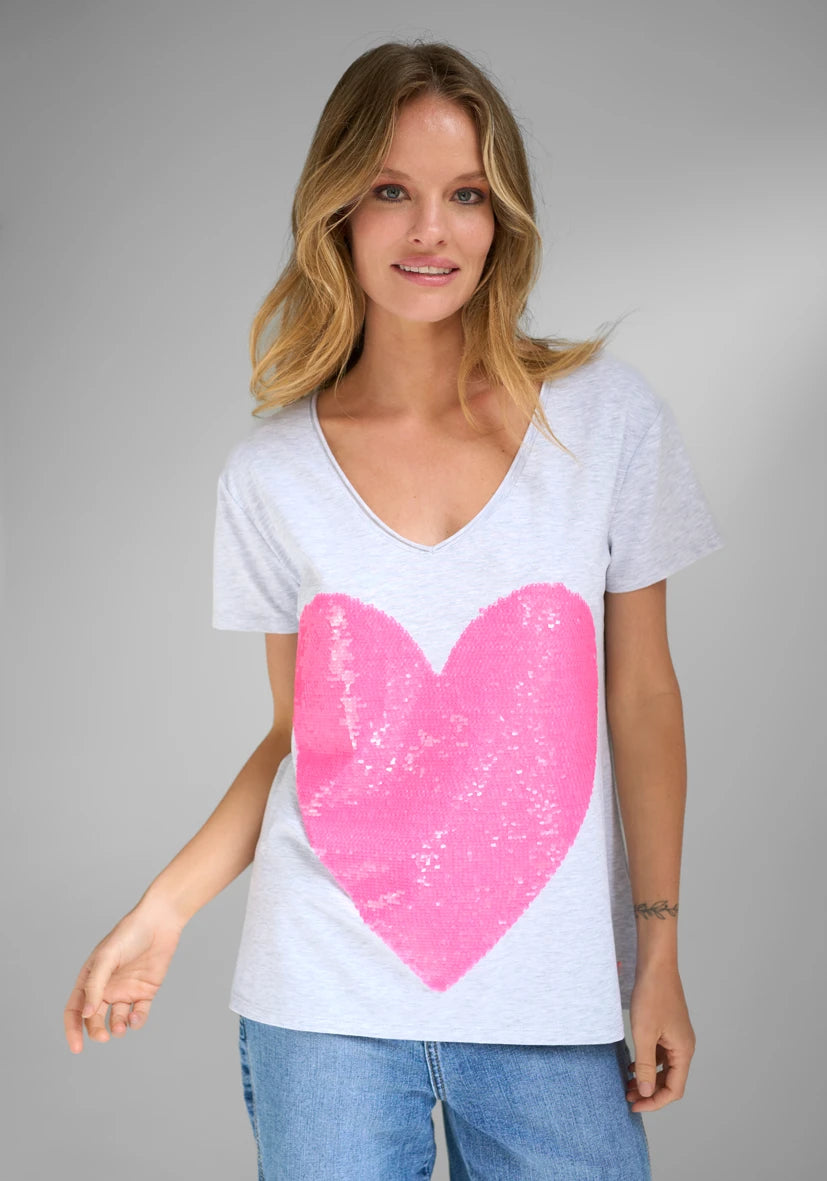 T-Shirt Roundneck Heart Paillette - hellgrau