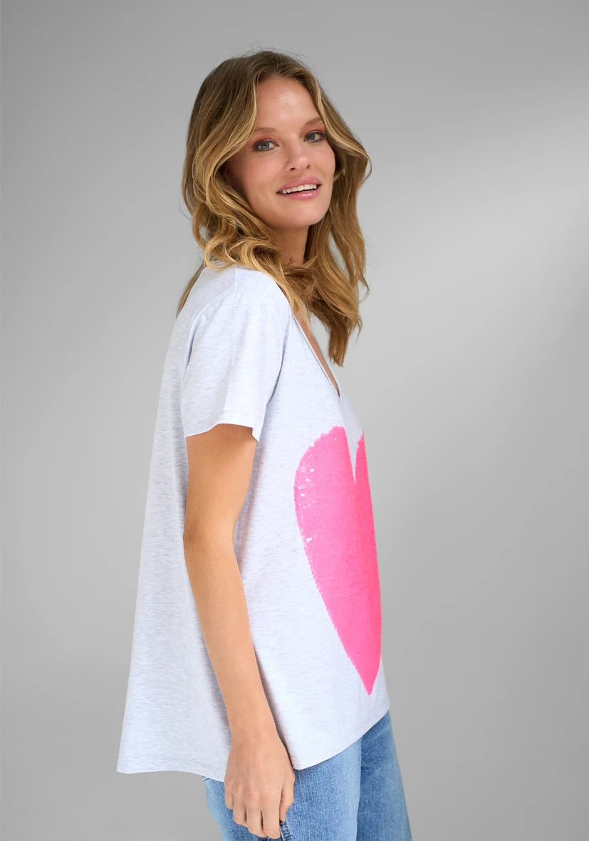 T-Shirt Roundneck Heart Paillette - hellgrau