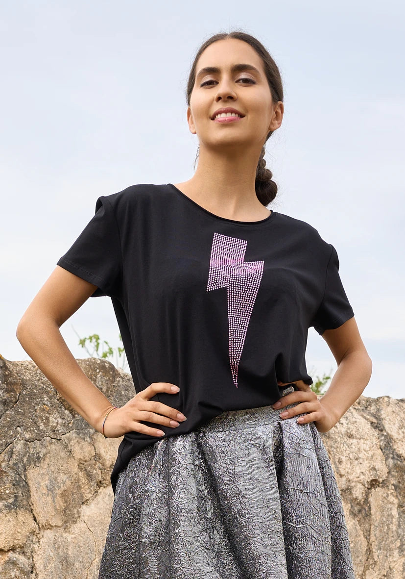 T-Shirt V-Neck Lightning Strass - schwarz