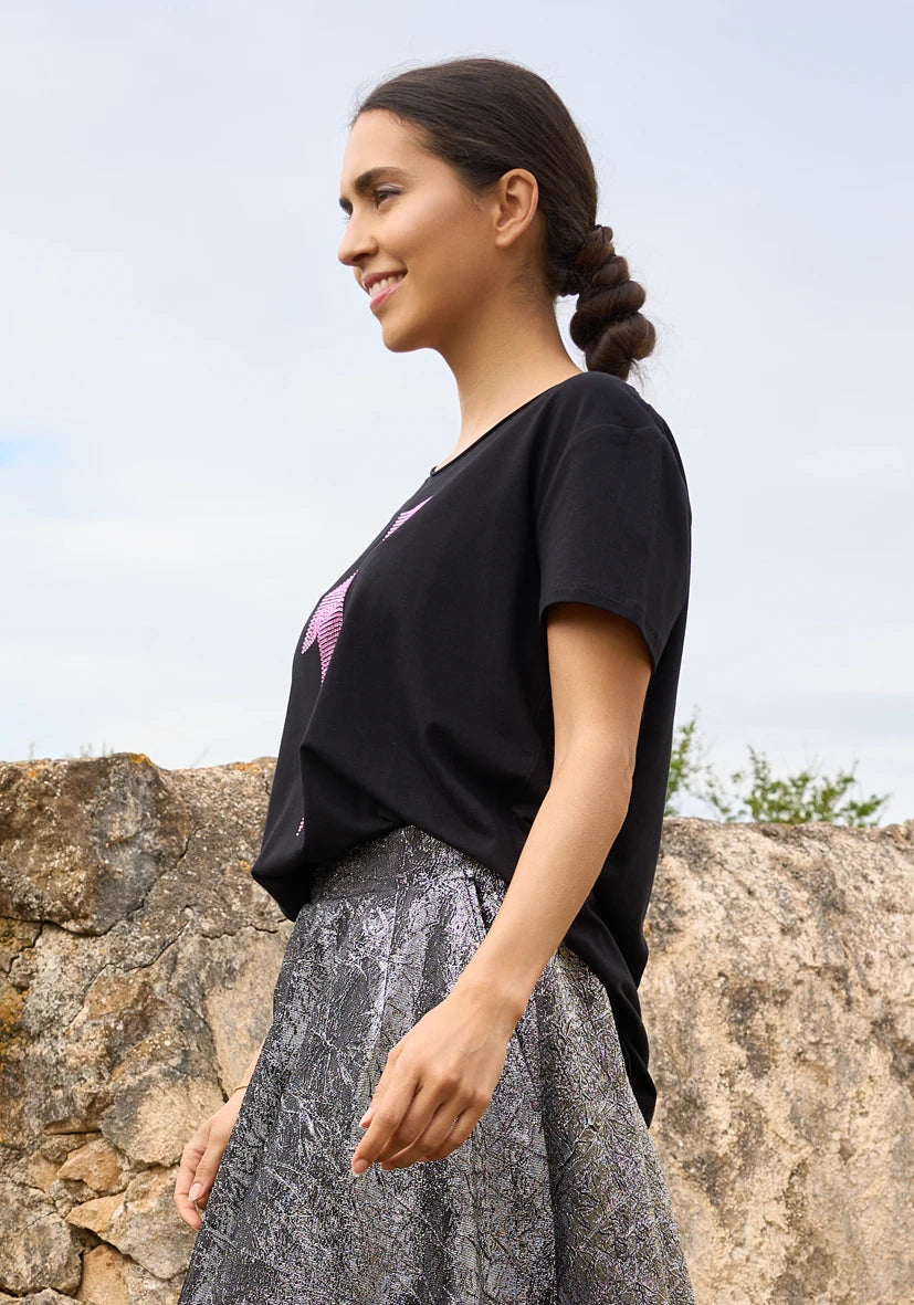 T-Shirt V-Neck Lightning Strass - schwarz