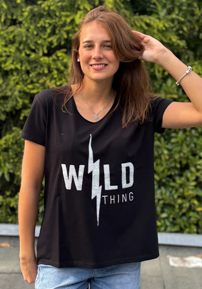 T-Shirt Roundneck Wild Thing Paillette - schwarz