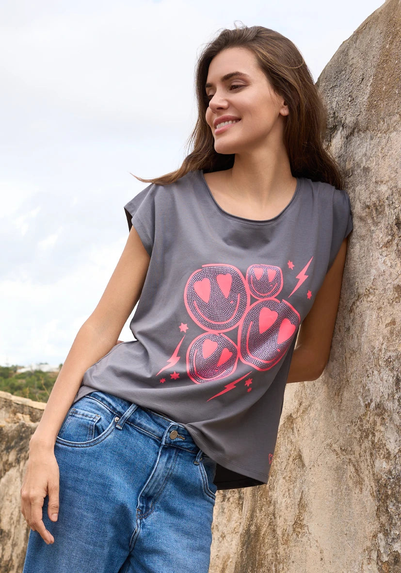 T-Shirt Roundneck Heartface Strass - anthrazit