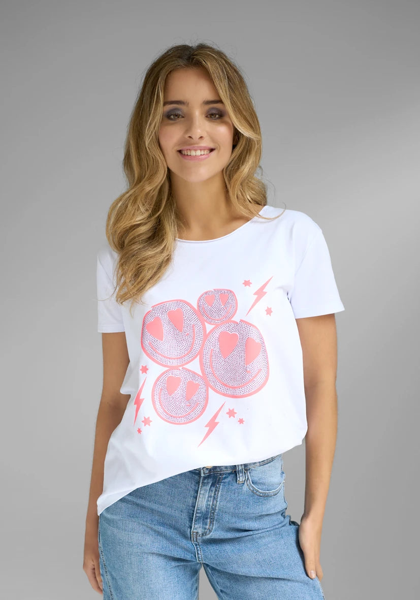 T-Shirt Roundneck Heartface Strass - weiß