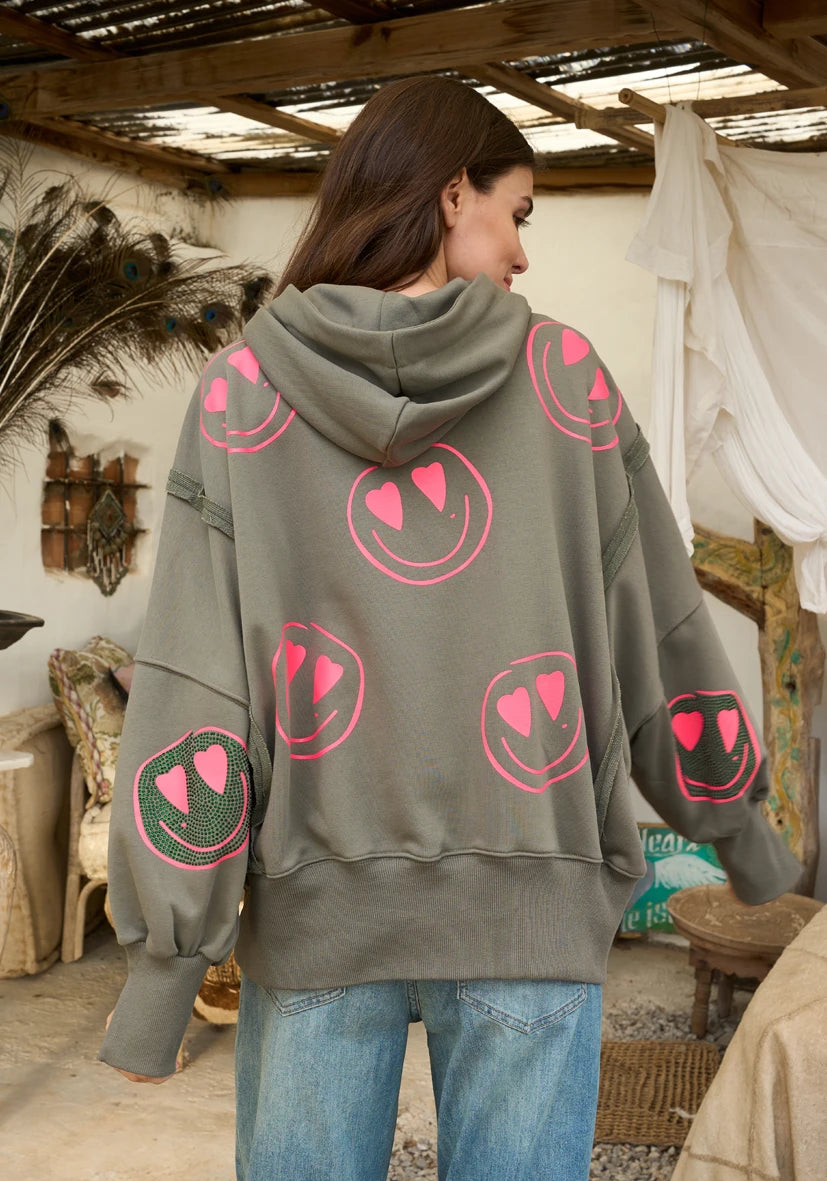 Hoodie Wide Heartface allover Strass - oliv