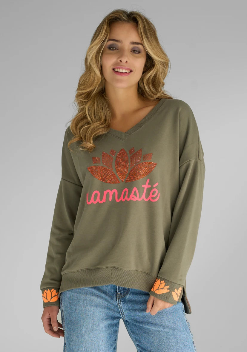 V-Neck Namasté Strass - oliv