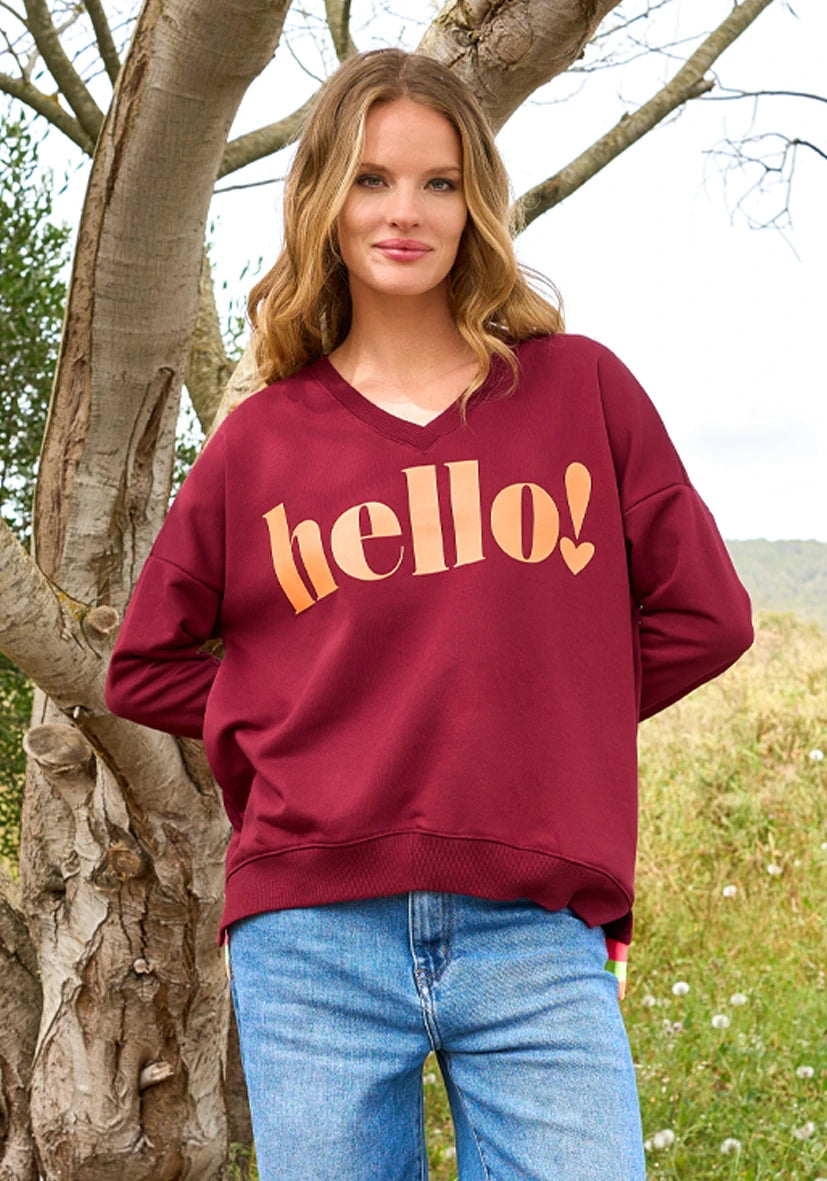 V-Neck long Hello! - bordeaux
