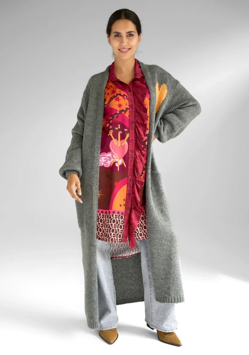 Long Cardigan Multicolor Heart - grau