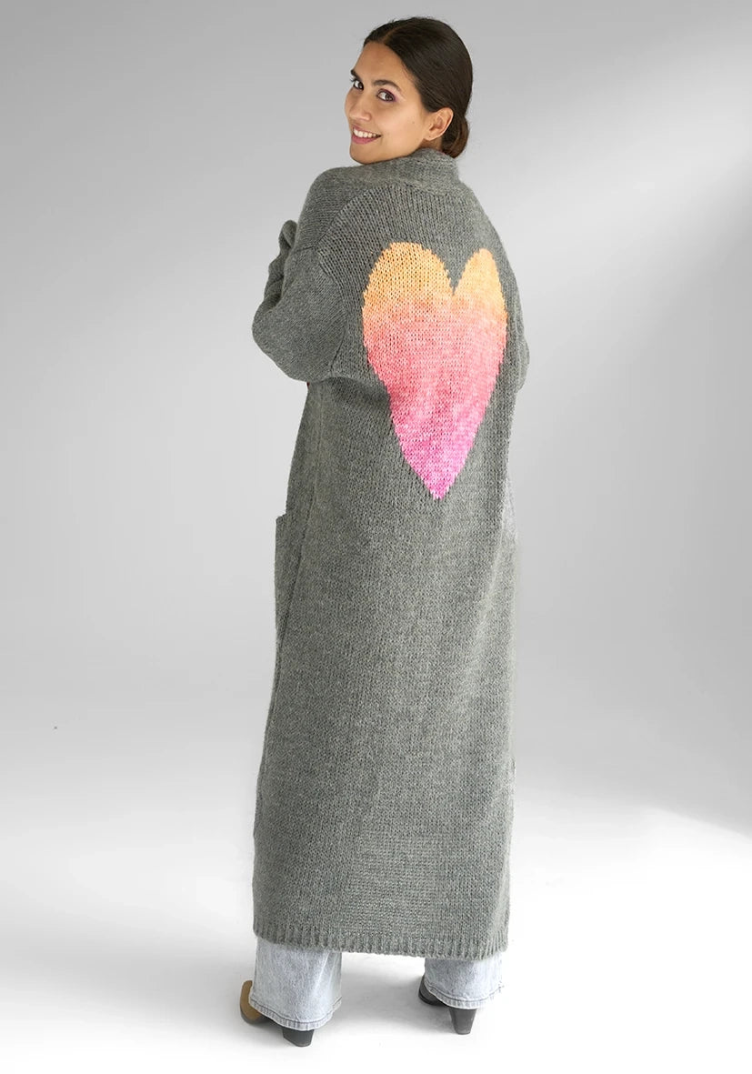 Long Cardigan Multicolor Heart - grau