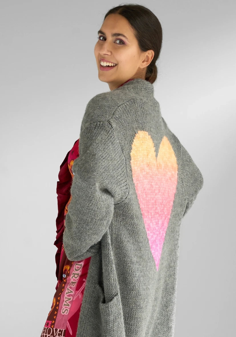 Long Cardigan Multicolor Heart - grau