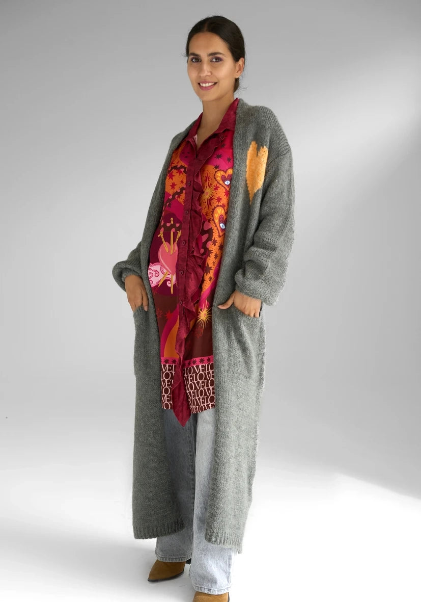 Long Cardigan Multicolor Heart - grau