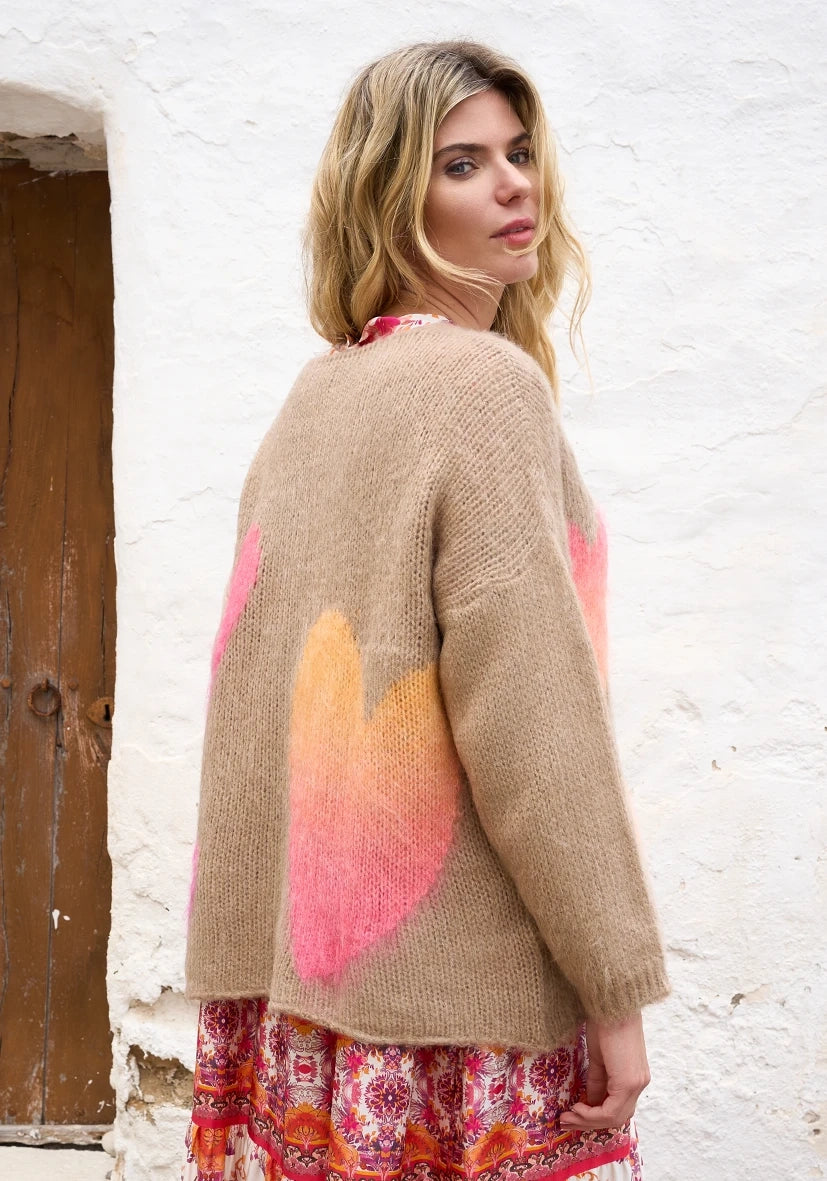 V-Neck Pullover Hearts multicolor - sand