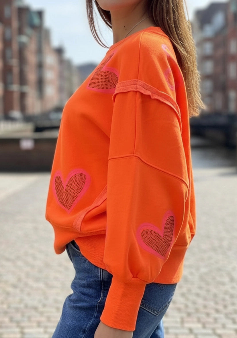 Roundneck Sweater Wide Heart Strass - neonorange