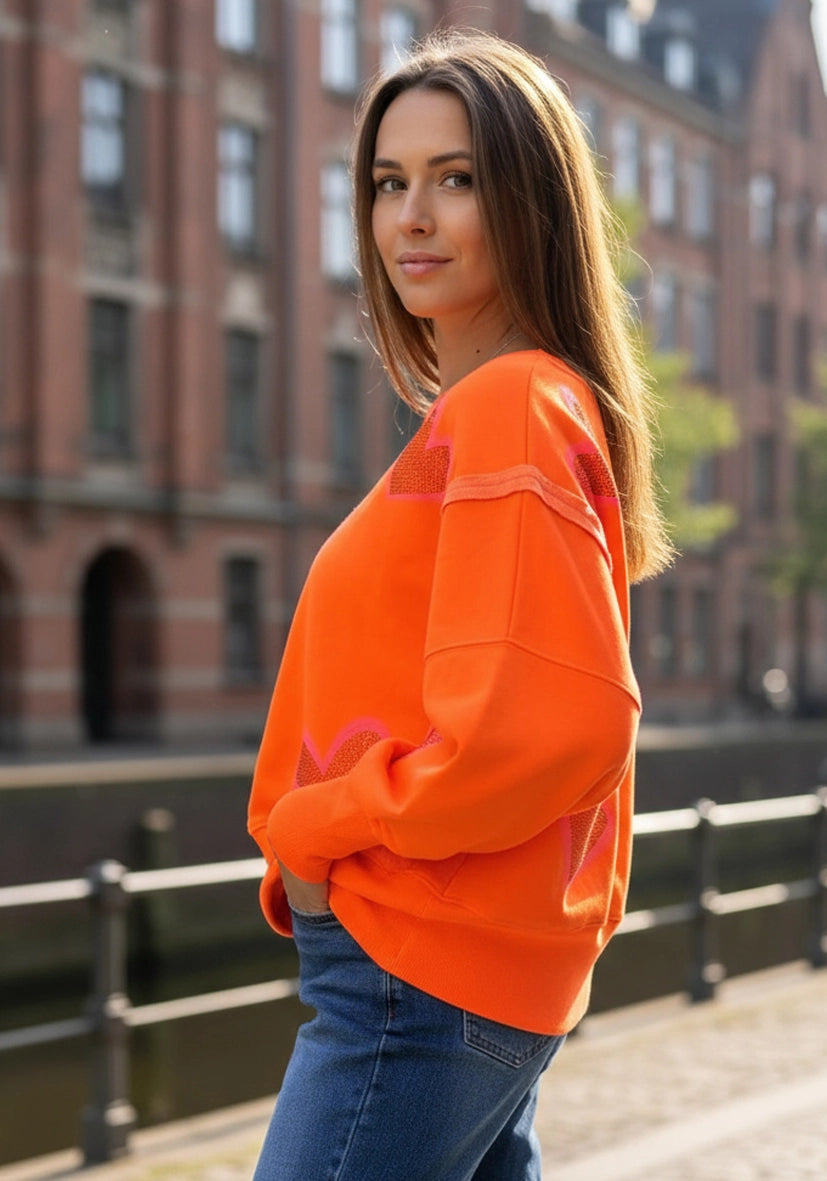 Roundneck Sweater Wide Heart Strass - neonorange