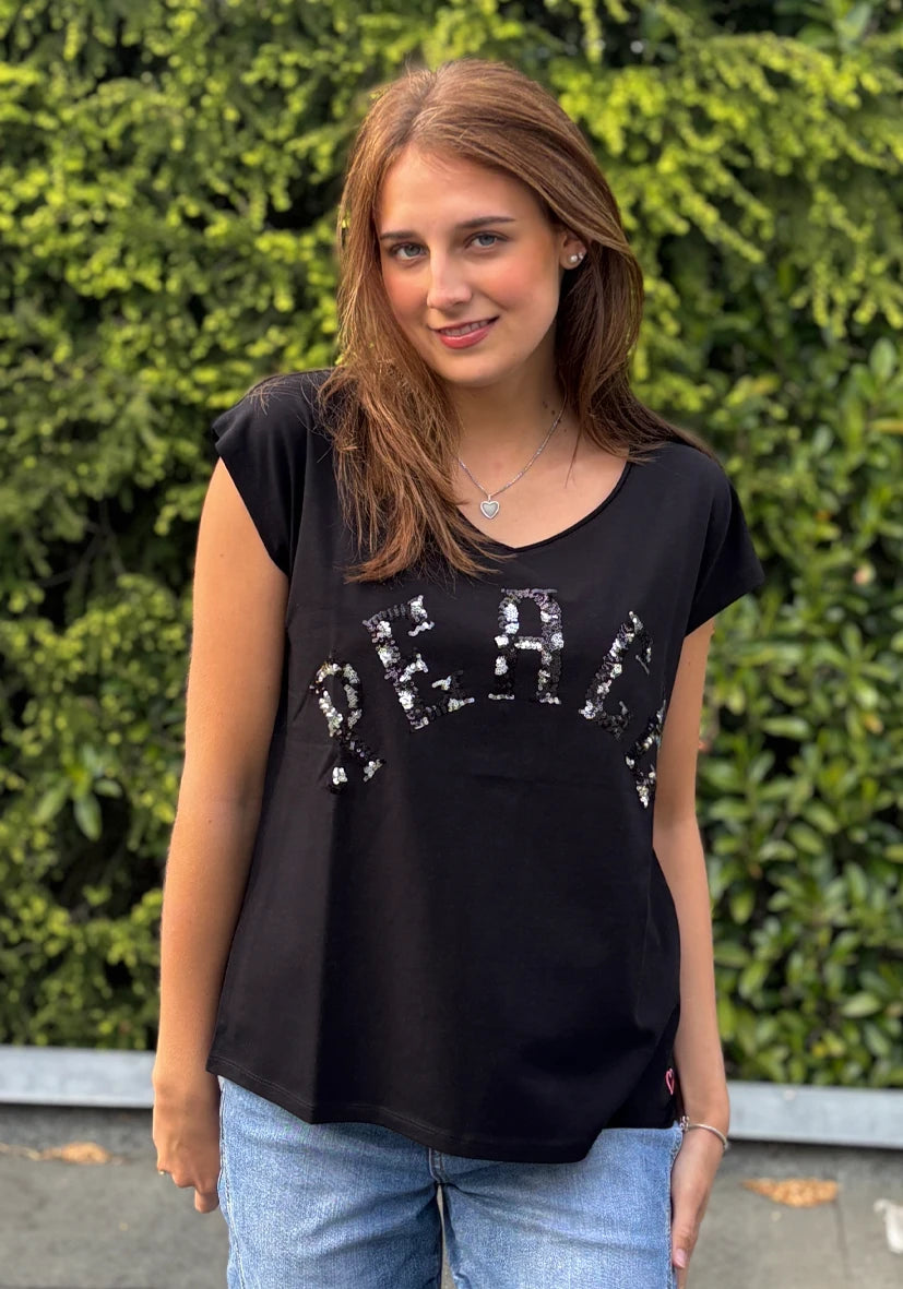 Roundneck T-Shirt Peace Paillette - schwarz
