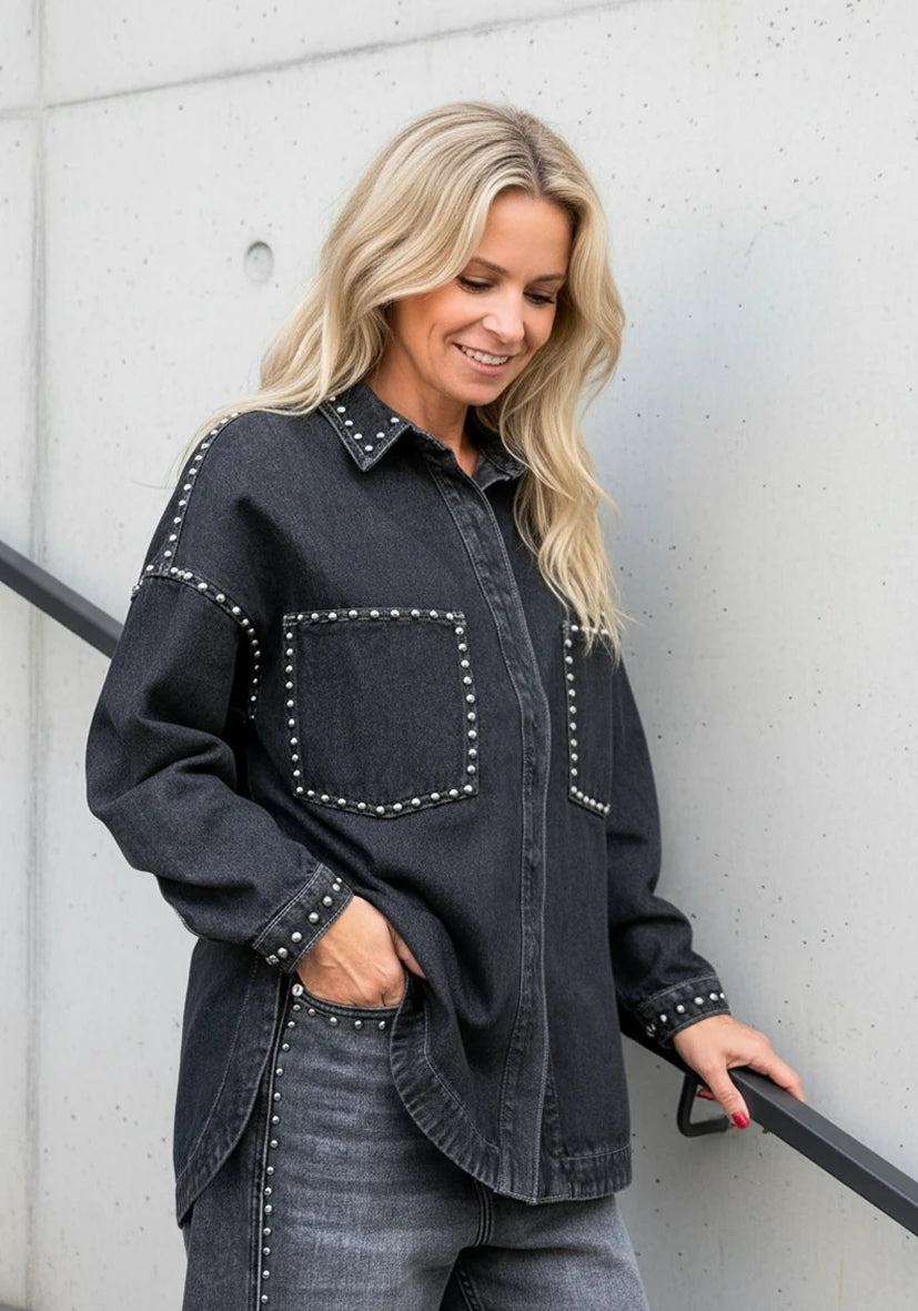 Jeans Bluse Studs - grau