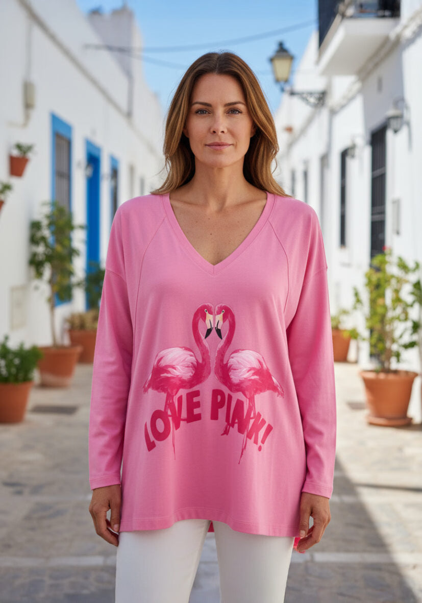 Longsleeve V-Neck Flamingos Love Pink - flashrose