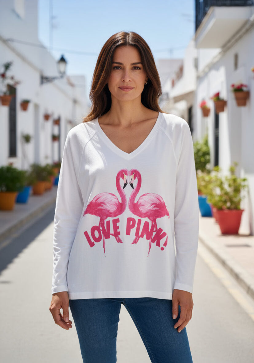 Longsleeve Flamingos Love Pink - weiß