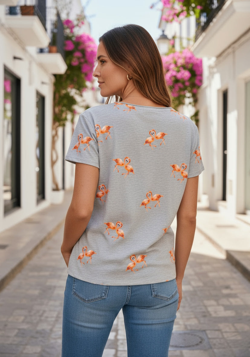 T-Shirt V-Neck Flamingos - hellgrau