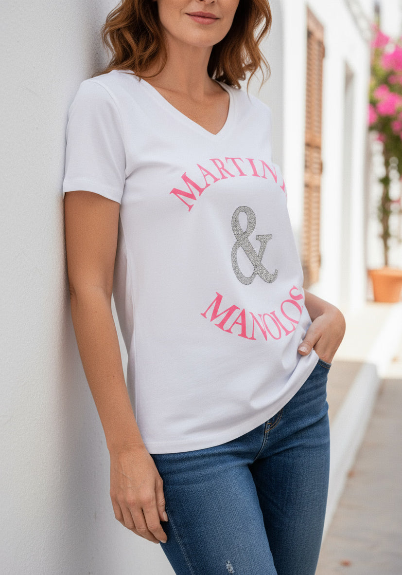 T-Shirt V-Neck Martinis and Manolos - weiß