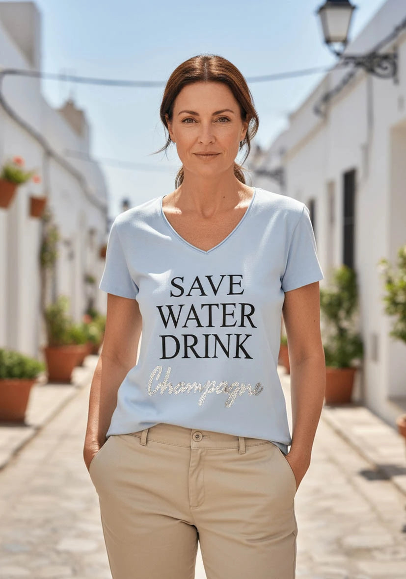 T-Shirt V-Neck Save water drink champagne - hellblau