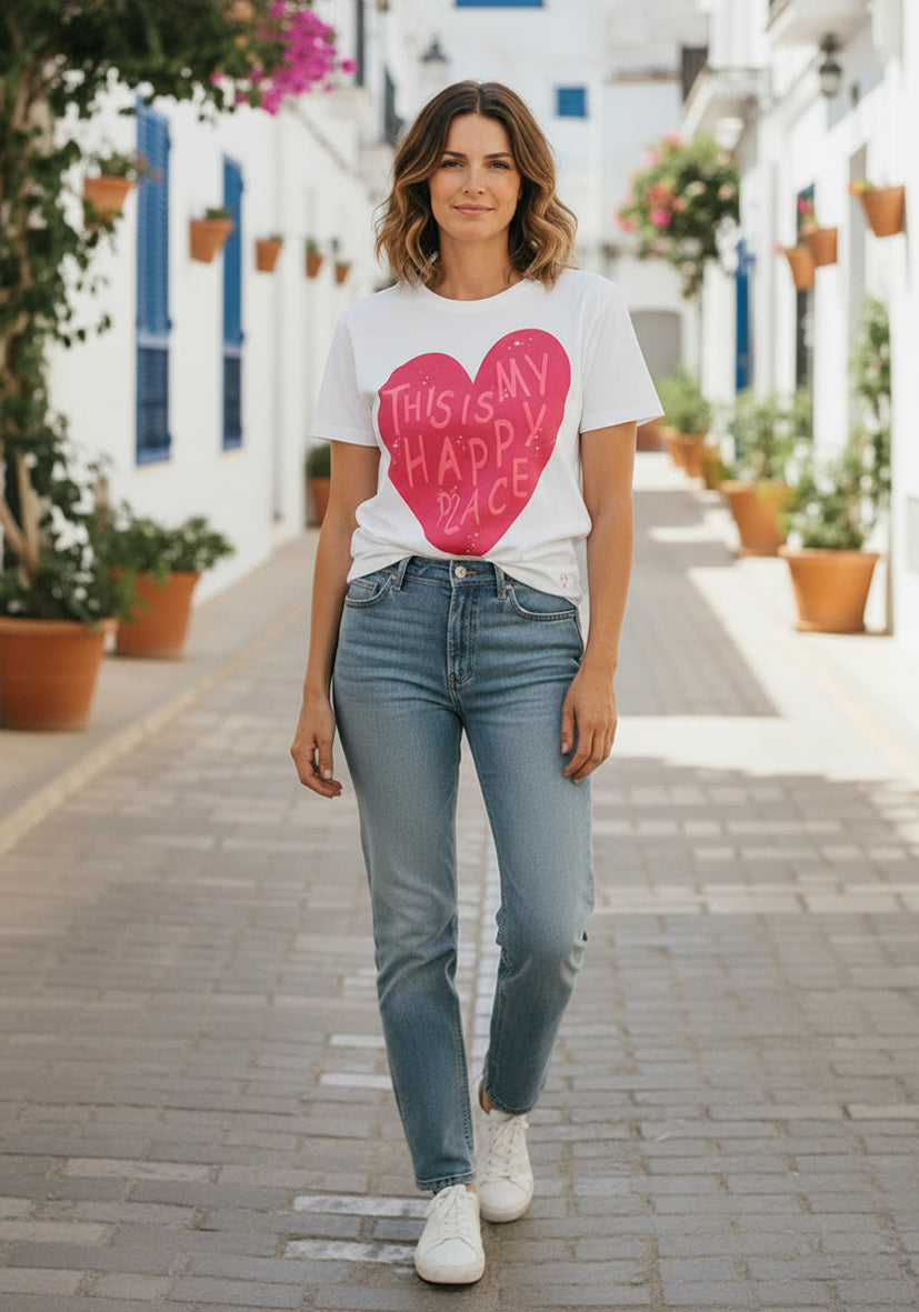 T-Shirt Roundneck This is my happy place - weiß