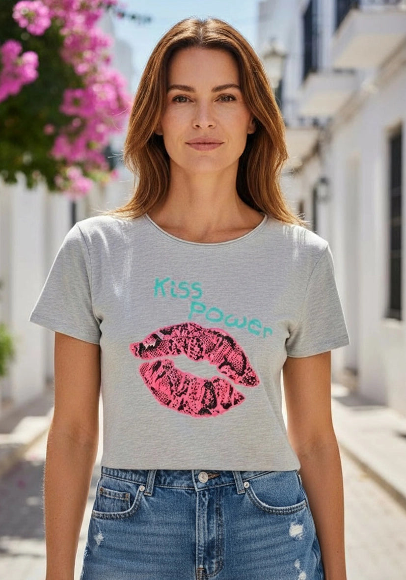 T-Shirt Roundneck Kiss Power- hellgrau