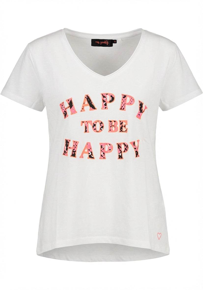 T-Shirt V-Neck Happy to be happy - weiß