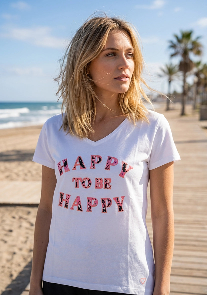 T-Shirt V-Neck Happy to be happy - weiß