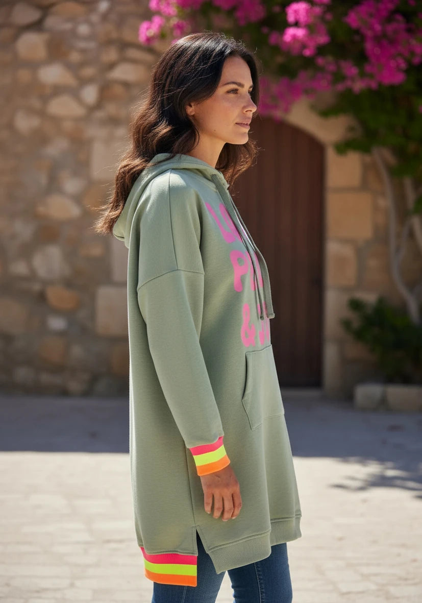 Long Hoodie Love Peace and Joy - almond