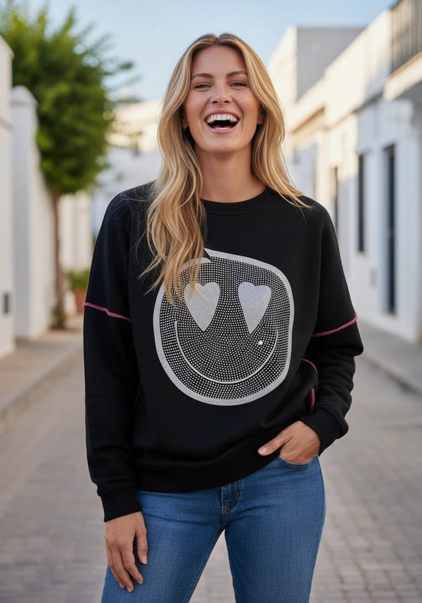 Roundneck Heartface Strass - schwarz