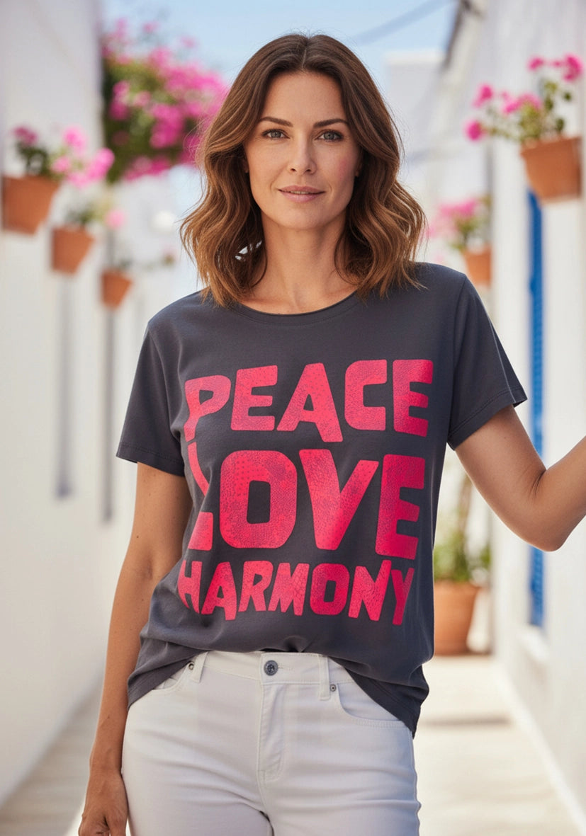 T-Shirt Roundneck Peace Love Harmony - anthrazit