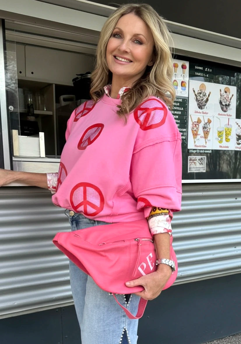 Roundneck Wide Peace Strass - flashrose