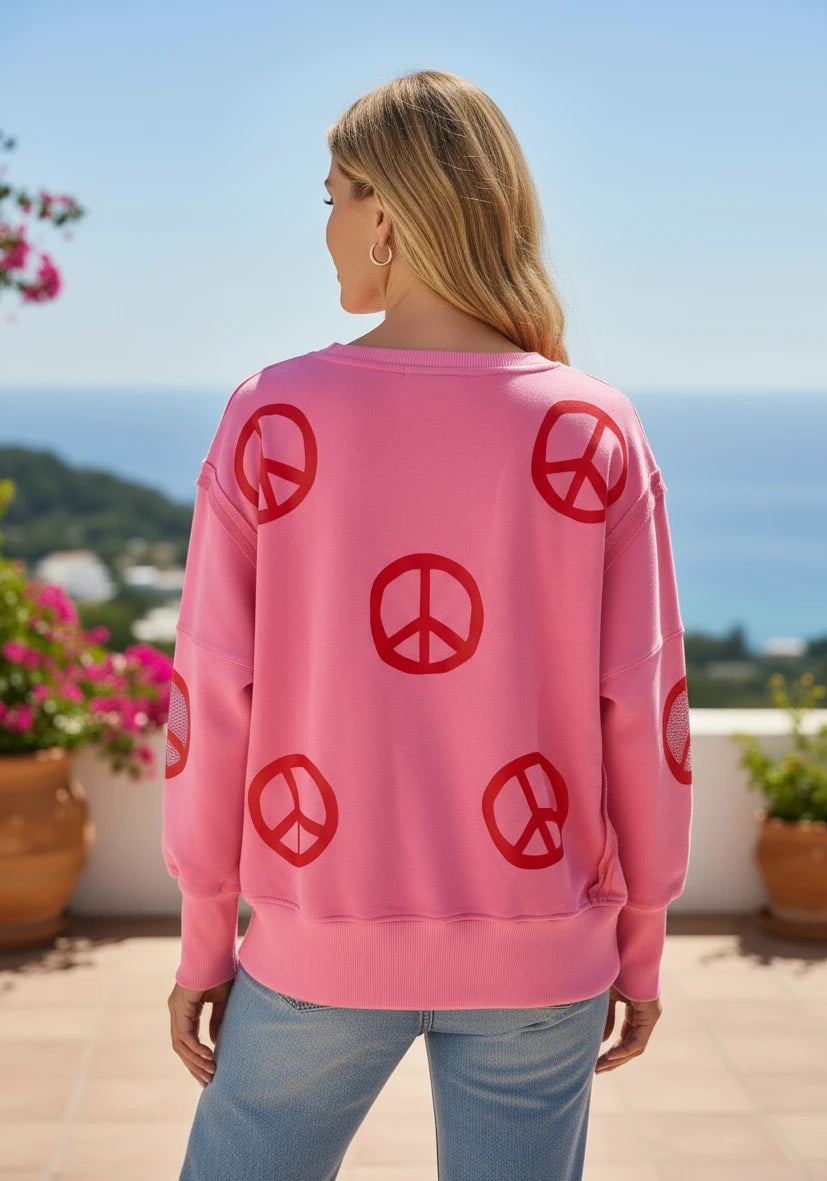 Roundneck Wide Peace Strass - flashrose