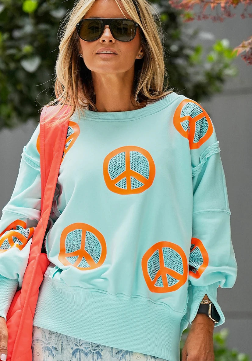 Roundneck Wide Peace Strass - türkis