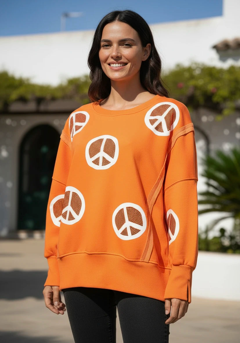 Roundneck Wide Peace Strass - neonorange