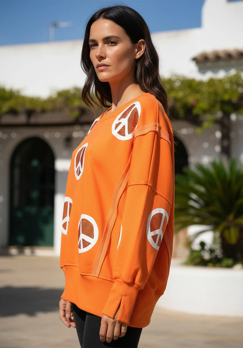 Roundneck Wide Peace Strass - neonorange