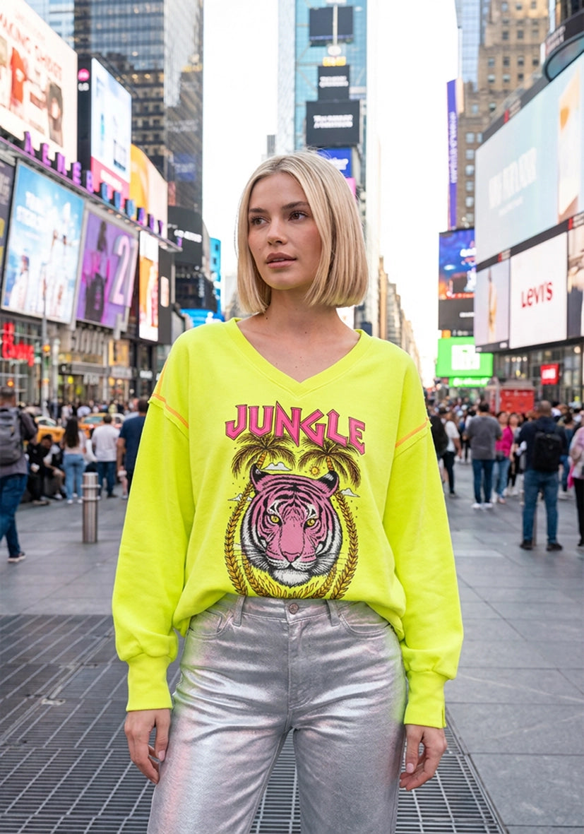 Flowing Deep V-Neck Jungle Tiger - neongelb