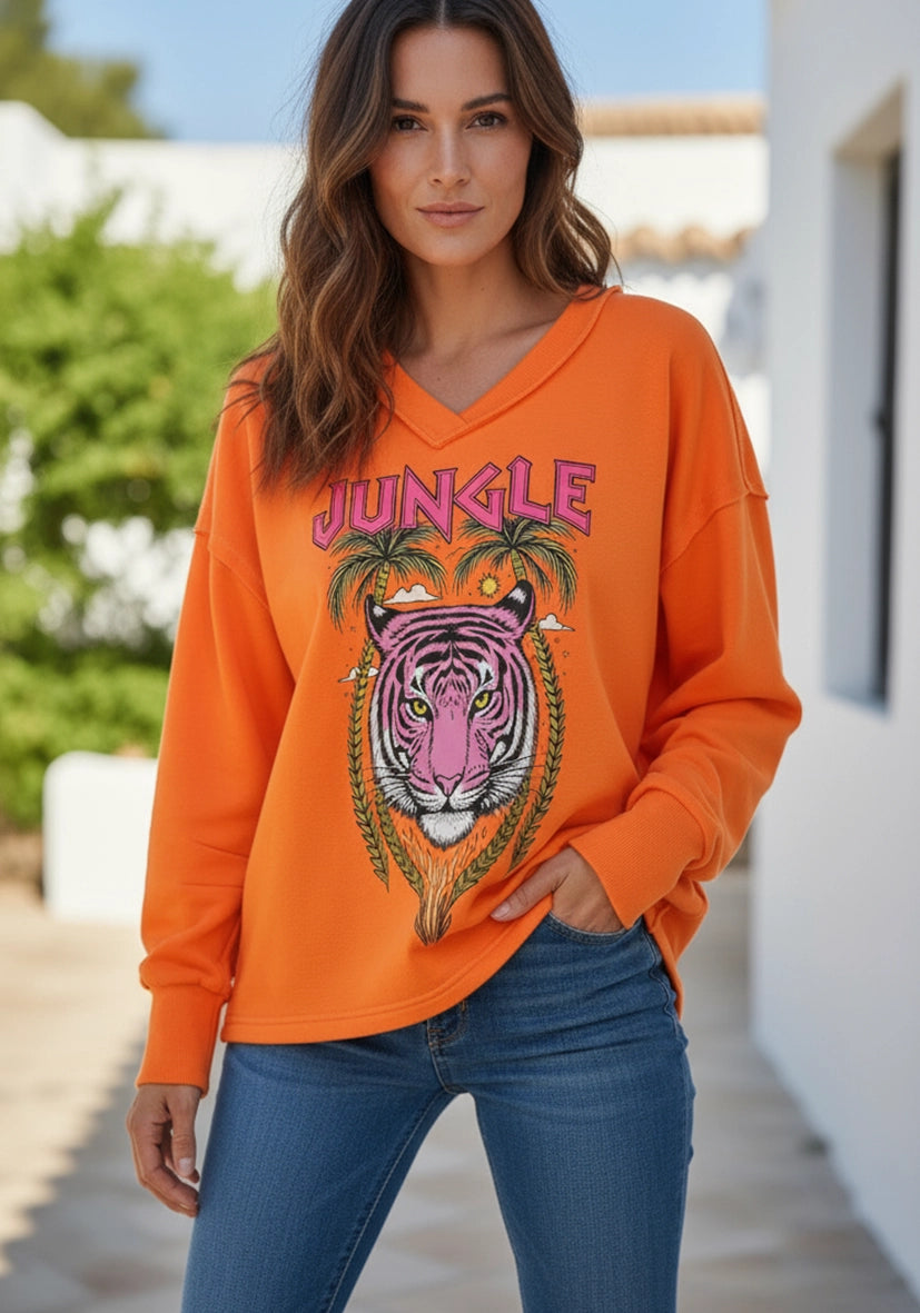Flowing Deep V-Neck Jungle Tiger - neonorange