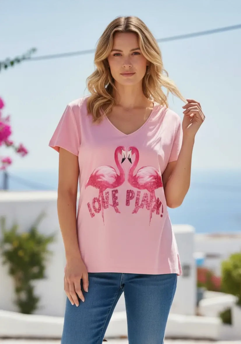 T-Shirt V-Neck Flamingo Love Pink - rosa