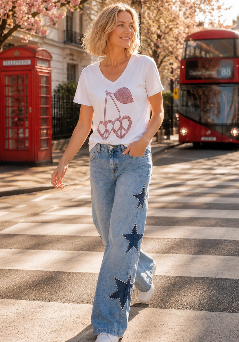 T-Shirt V-Neck Cherry Peace - weiß