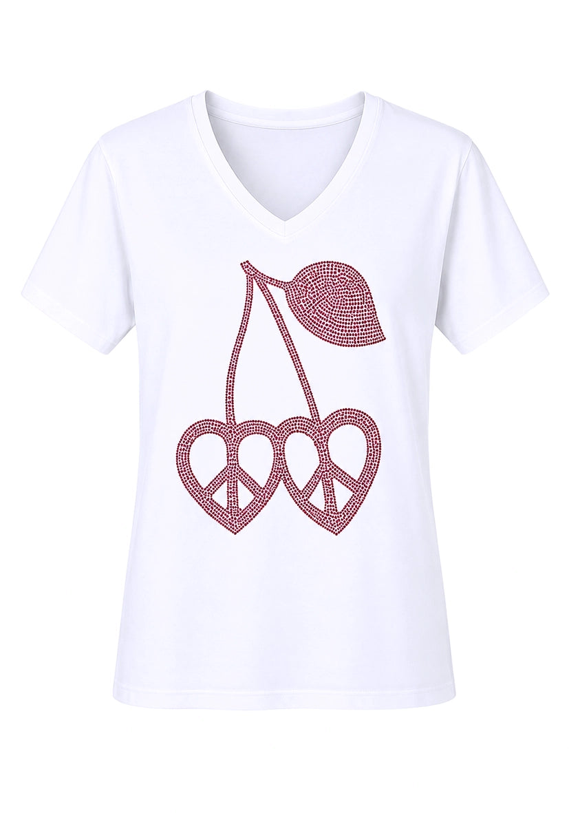 T-Shirt V-Neck Cherry Peace - weiß