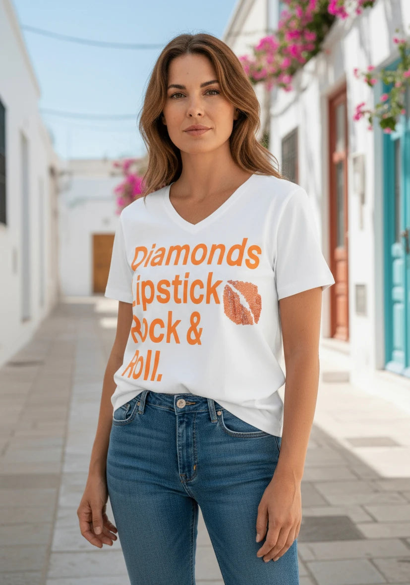 T-Shirt V-Neck Diamonds Lipstick Rock and Roll - weiß