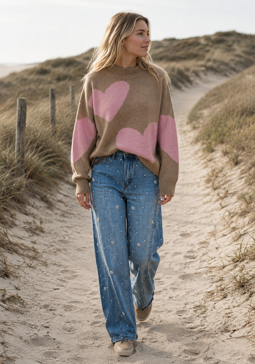 Knit Sweater Big Hearts - sand